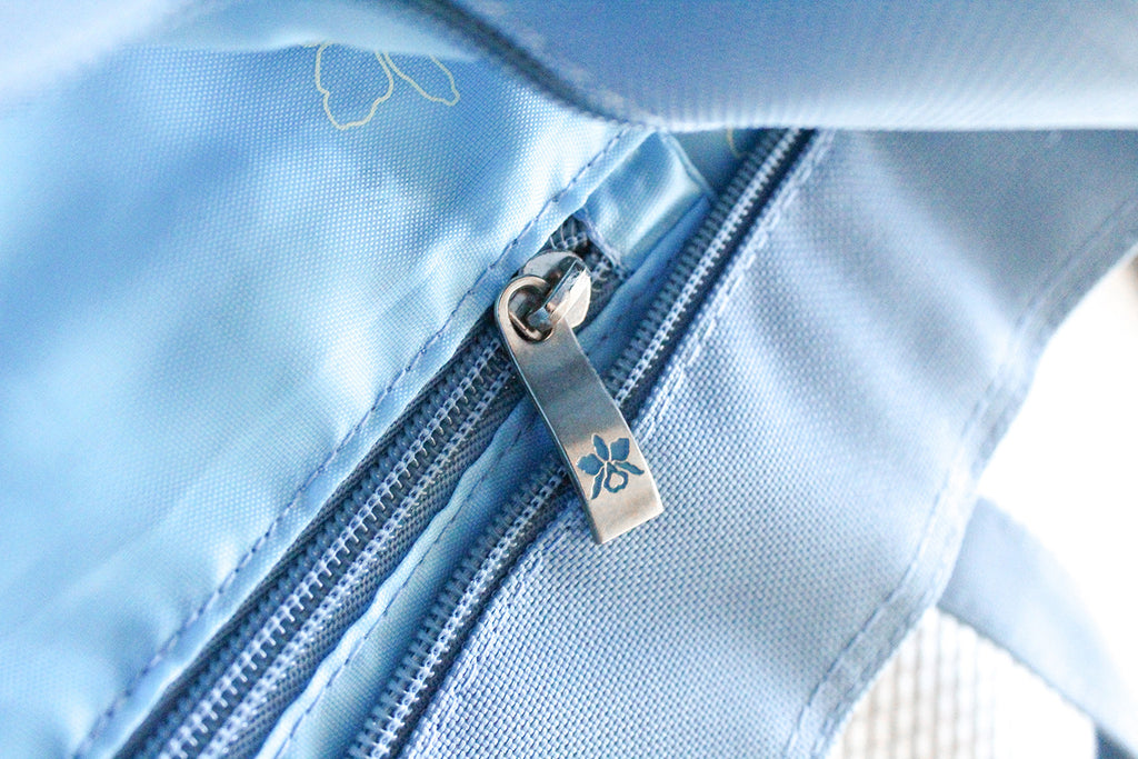 Halekulani large blue canvas logo tote zipper detail